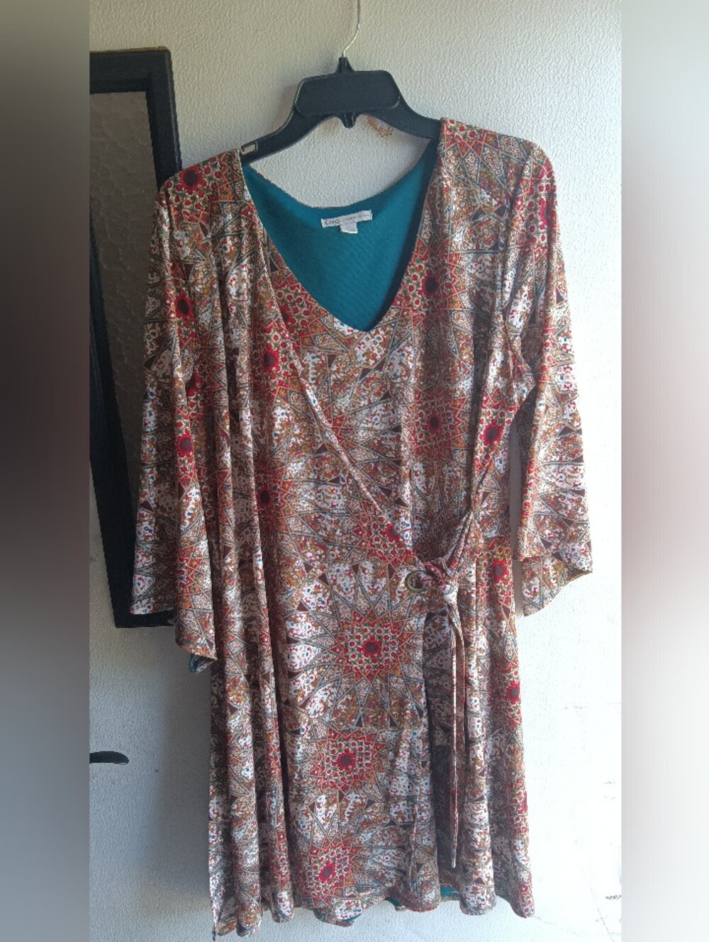 The Cato Multicolor Geometric Faux Wrap V-Neck 3/4 Sleeve Lined Dress in XL
